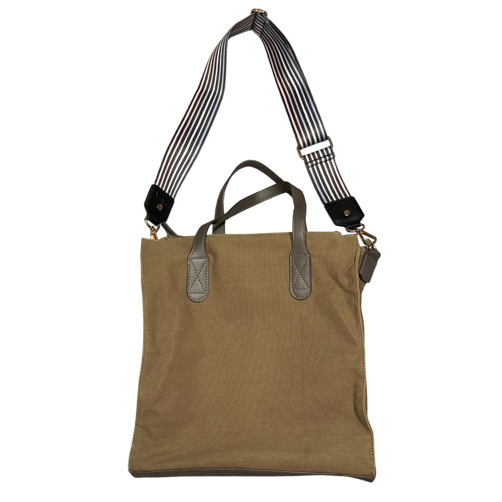 Erin Condren‎ Canvas Tote Bag Taupe Green Brown Leather Trim Adjustable Strap